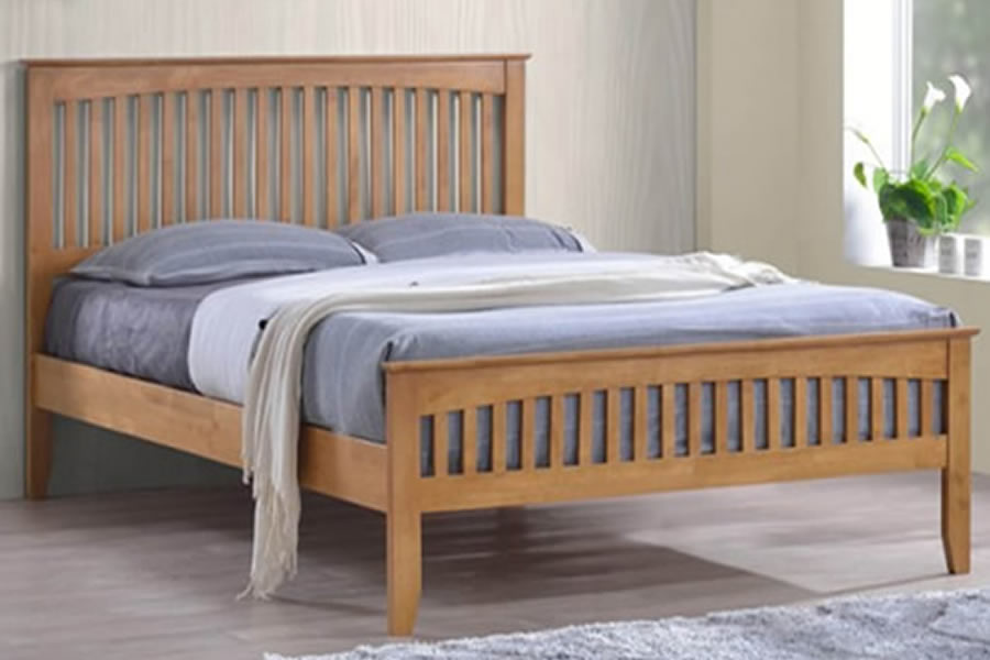 View 46 Double Size Freya Shaker Style Oak Wooden Bed Frame With Slatted Headboard Low Footboard Strong Slatted Base Sprung Supporting Slats information