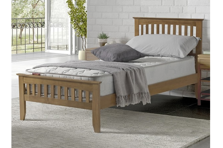 View 30 Single Size Freya Shaker Style Oak Wooden Bed Frame With Slatted Headboard Low Footboard Strong Slatted Base Sprung Supporting Slats information