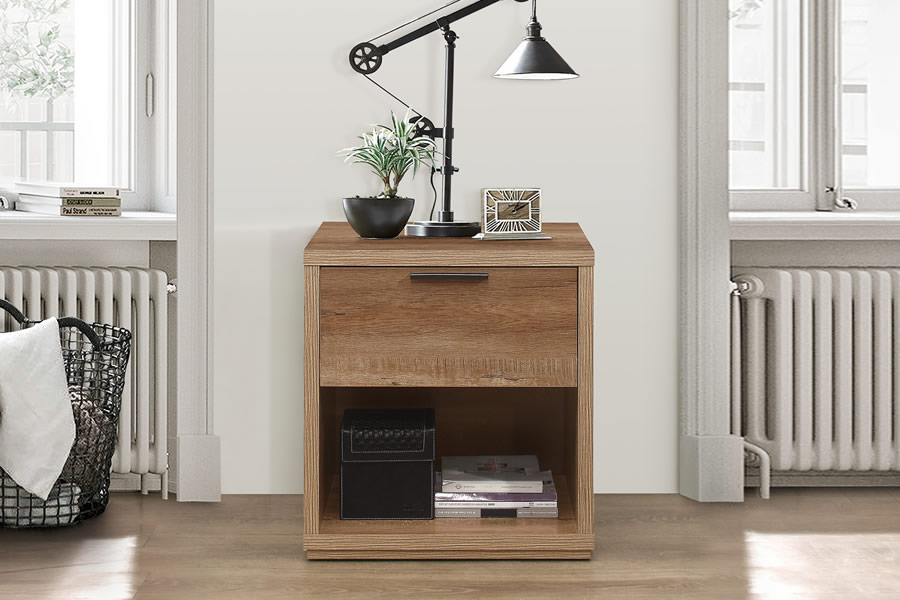 View Natural Light Oak Finish Rustic One Drawer Storage Bed Side Chest Of Drawers One Small Drawer Black Pull Handles Birlea Stockwell information