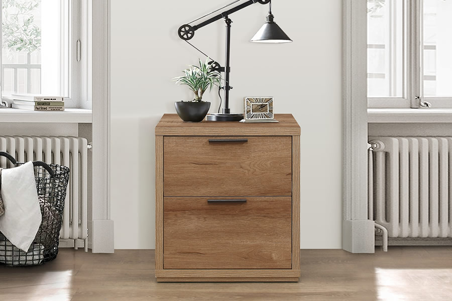 View Stockwell Rustic Light Oak Finish 2 Deep Storage Drawer Bedside Chest Cabinet Easy Glide Drawers Black Pull Handles Country Oak Look information