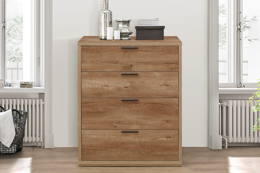 View Natural Solid Light Oak Rustic 4 Drawer Storage Chest Of Drawers 4 Large Drawers Black Pull Handles Birlea Stockwell information