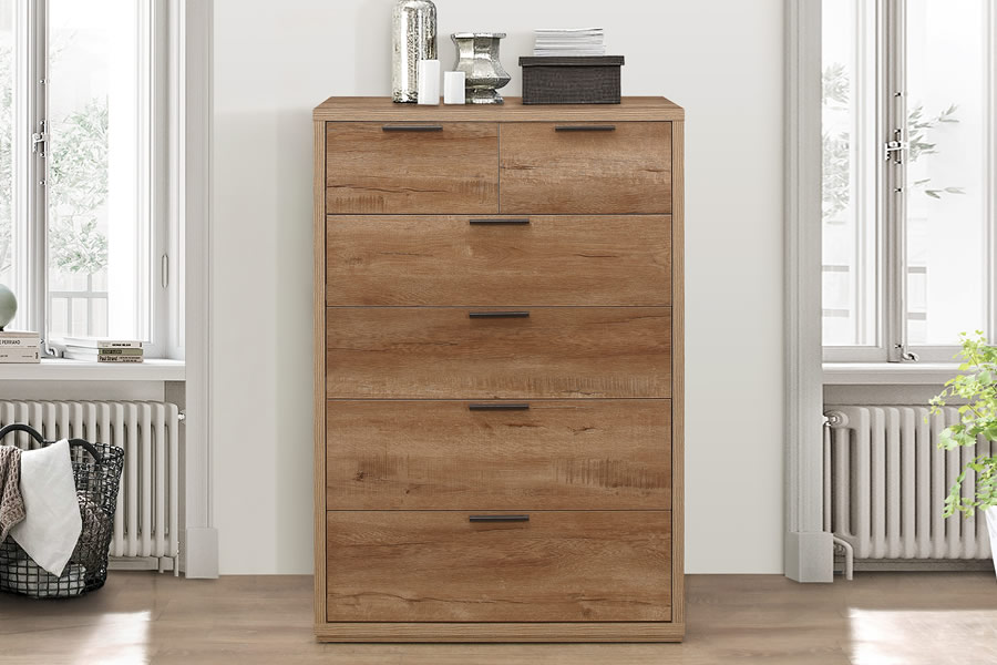 View Natural Light Oak Finish Rustic 6 Drawer Storage Chest Of Drawers 2 Small Drawers 4 Large Drawers Black Pull Handles Birlea Stockwell information