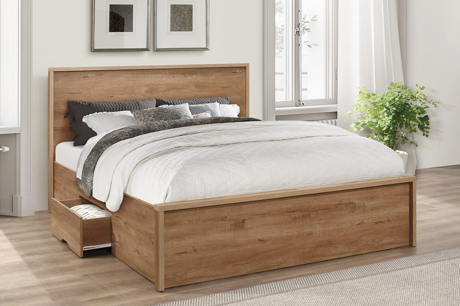 View Stockwell Rustic Oak Wooden Bed Frame With 2 Drawers Solid Headboard Low Foot Board Small Double Double or King Size information
