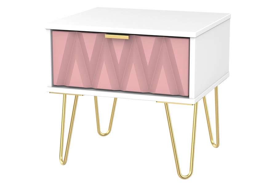 View Modern Pink 1 Drawer Bedside Chest Storage Locker Attractive Diamond Drawer Effect Golds Metal Pin Style Legs With Gold Handle Diamond information