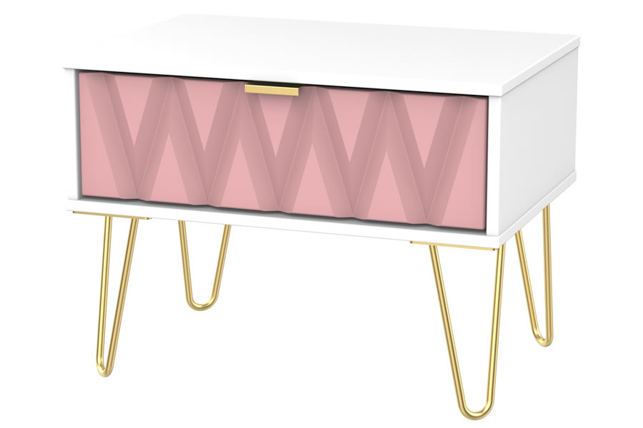 View Modern 1 Drawer Medium Size White Two Drawer Bedroom Chest Diamond Pattern On Drawer Fronts Gold Metal Pin Style Legs Gold Pull Handles information