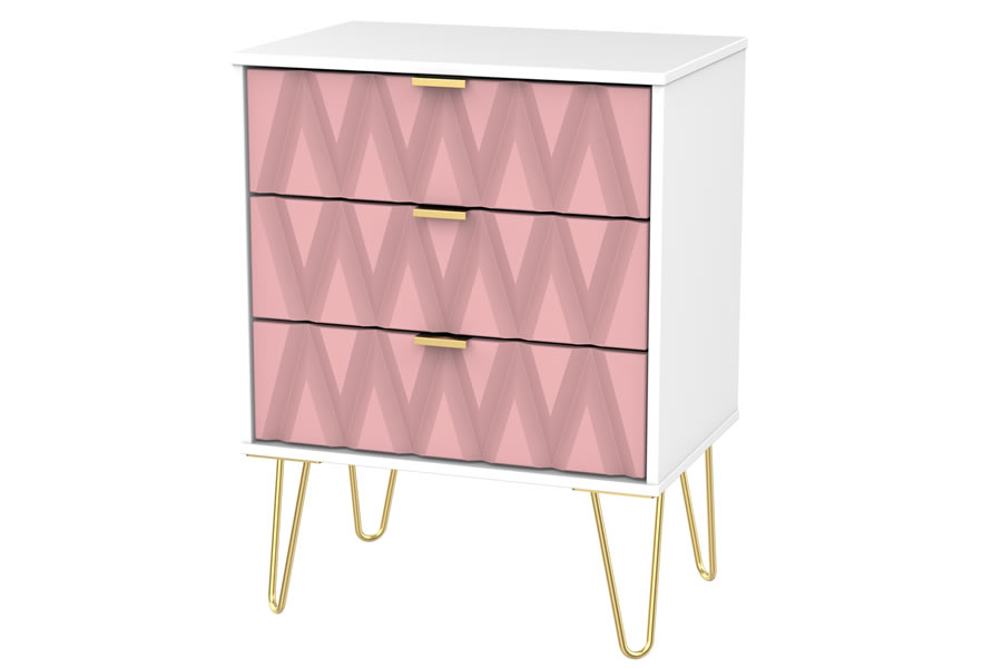 View White Modern 3 Wide Drawer Bedroom Chest White Or Pink Finish Diamond Pattern On Drawer Fronts Gold Metal Pin Style Legs Gold Pull Handles information