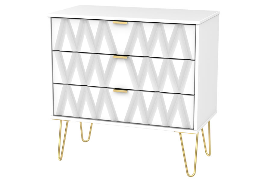View Modern White 3 Drawer Chest Of Drawers Attractive Diamond Drawer Effect Golds Metal Pin Style Legs With Gold Handle Diamond information