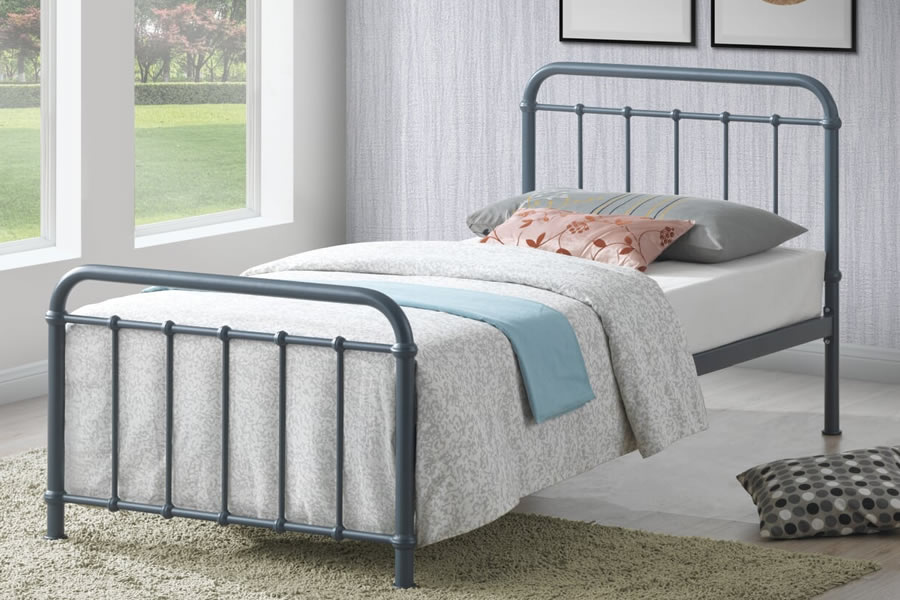 View Grey 30 Single Bed Miami Metal Hospital Style Metal Tubular Bed Frame Arched Gentle Curved Headboard Steel Frame With Robust Slatted Base information