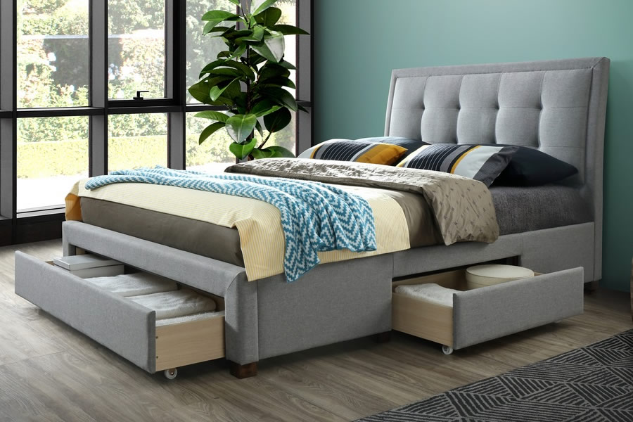 View Shelby 46 Double Soft Grey Velvet Fabric Storage Bed Frame Three Drawers Deeply Padded Buttoned Headboard 400kg Maximum Weight Load information