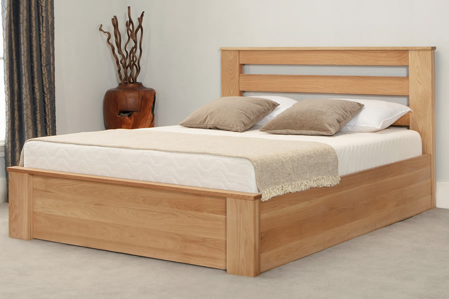 View 60 Super King Size Solid Oak Ottoman Storage Bed Frame Deep Storage Area Easy Gas Lift Ottoman Bed Action Solid Base Slatted Headboard information