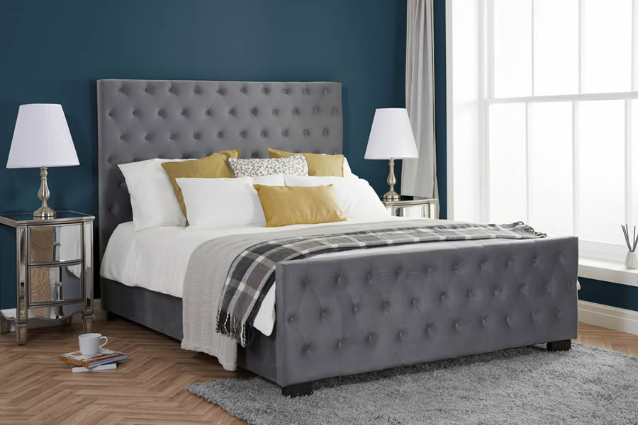 View Superking 60 Marquis Grey Fabric Bed Frame Deeply Padded Buttoned Headboard Footboard Tall Headboard Slatted Bed Base Birlea information