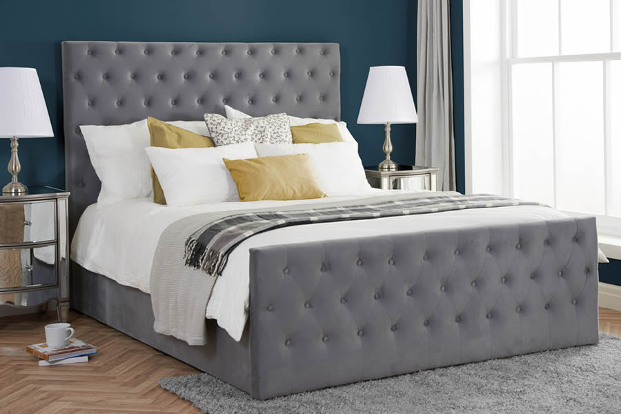 View 46 Double Marquis Grey Fabric Ottoman Bed Frame Buttoned Headboard Birlea information