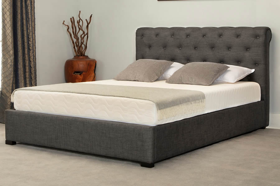 View Grey Linen Fabric Super King Size 60 Side Opening Ottoman LiftUp Storage Bed Frame Deeply Buttoned Scroll Head Foot End Balmoral information