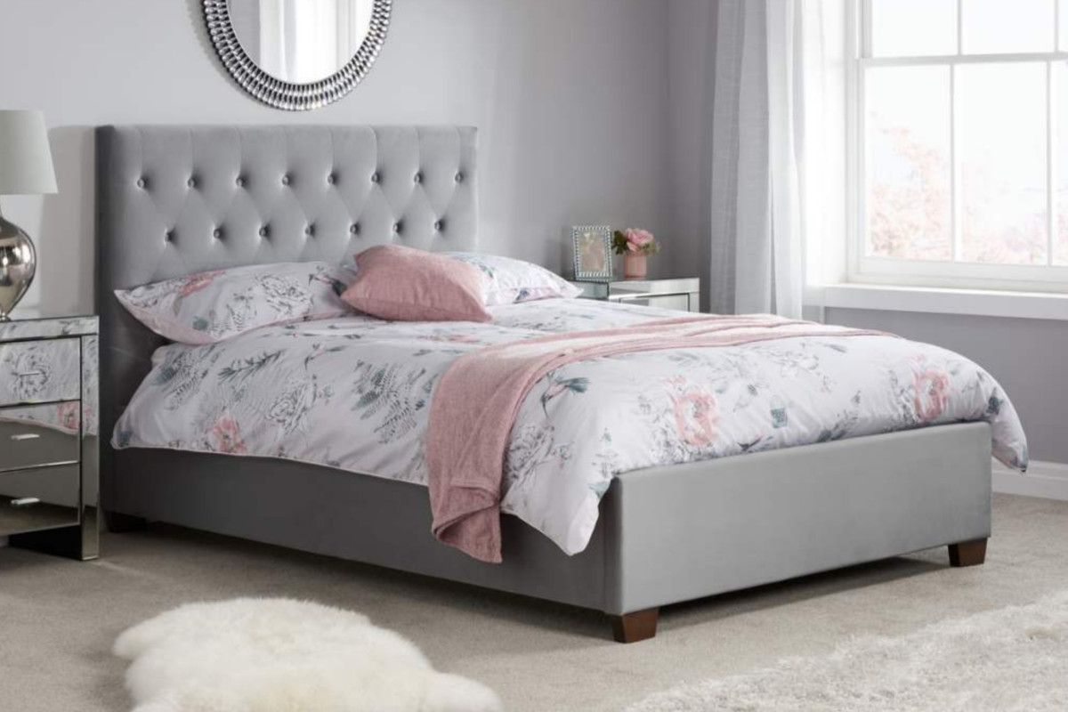 View Grey Fabric Upholstered Double 46 Bed Frame Tall Buttoned Square Headboard Strong Supporting Slats Cologne information