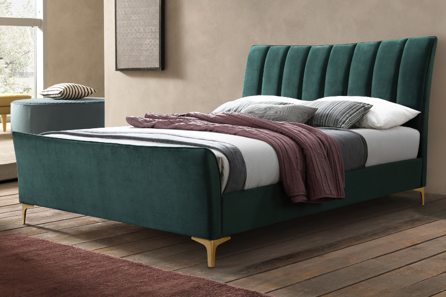 View Green Velvet Sleigh Bed Frame Stitched Detailed Designed Headboard High Foot End Clover Birlea Small Double Double or King Size information