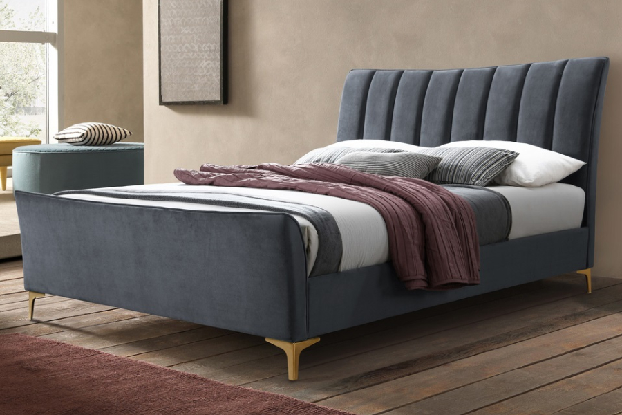 View Grey Velvet Sleigh Bed Frame Stitched Detailed Designed Headboard High Foot End Clover Birlea Small Double Double or King Size information
