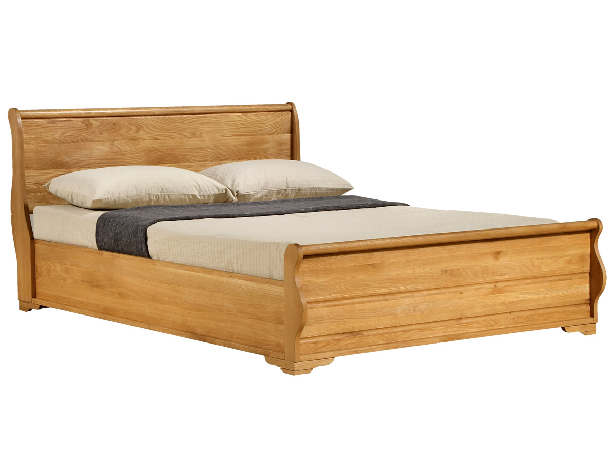 View Solid Oak Sleigh Ottoman 46 Double Lift Up Wooden Storage Bed Frame High Slatted Headboard Low Foot End Windsor information