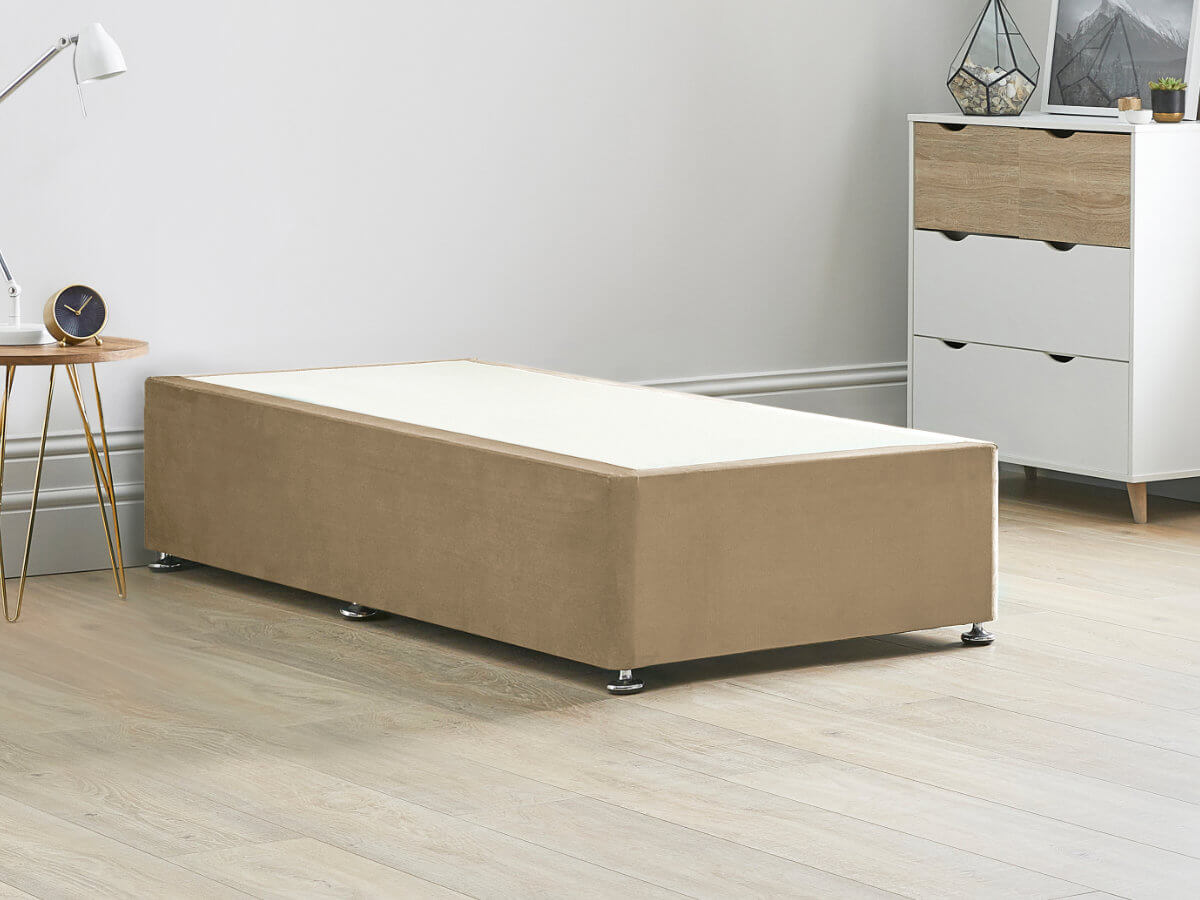 View Reinforced Divan Bed Base 26 Small Single Latte Brown Heavy Duty Solid 18mm Sides Top Base 16 41cm Base Height information
