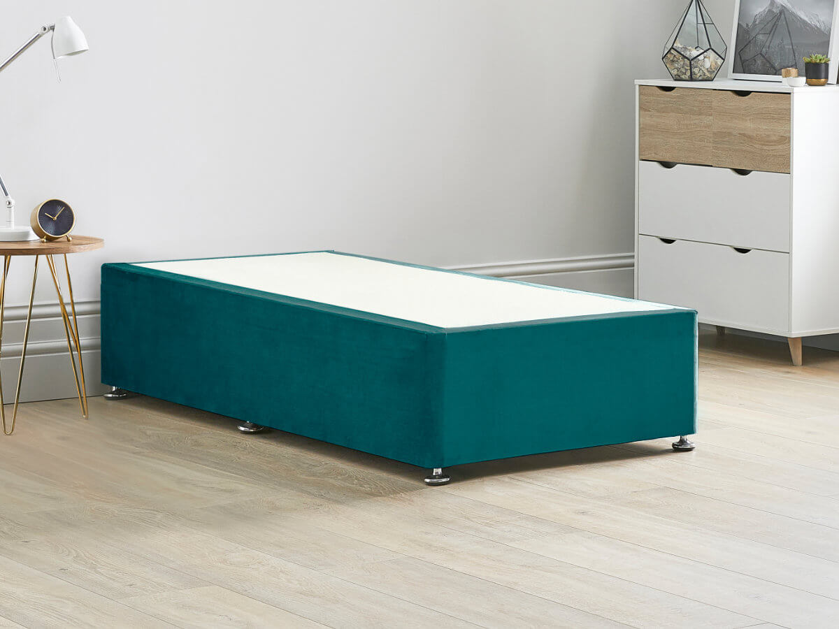 View Platform Top Divan Bed Base 26 Small Single Mallard Green Solid Sides Ends Chrome Fixed Glide Feet 16 41cm Height Base information