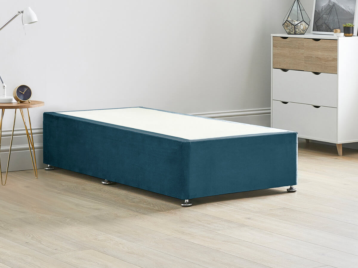View Platform Top Divan Bed Base 26 Small Single Marine Blue Solid Sides Ends Chrome Fixed Glide Feet 16 41cm Height Base information