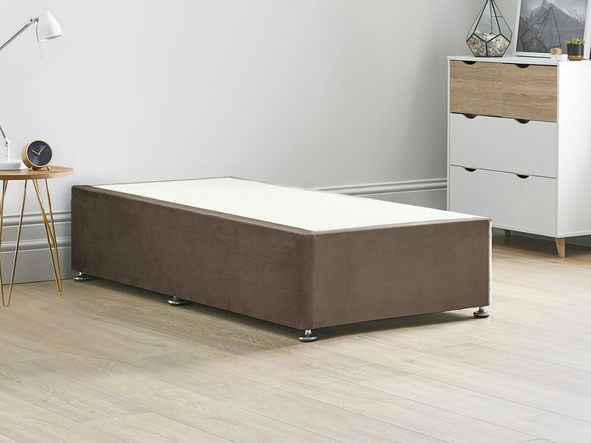 View Reinforced Divan Bed Base 26 Small Single Mocha Brown Heavy Duty Solid 18mm Sides Top Base 16 41cm Base Height information
