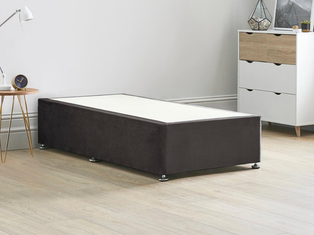 View Platform Top Divan Bed Base 26 Small Single Raven Charcoal Grey Solid Sides Ends Chrome Fixed Glide Feet 16 41cm Height Base information