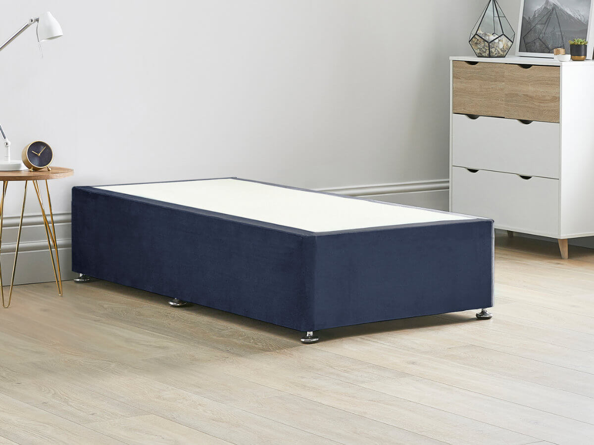 View Platform Top Divan Bed Base 30 Standard Single Sapphire Blue Solid Sides Ends Chrome Fixed Glide Feet 16 41cm Height Base information