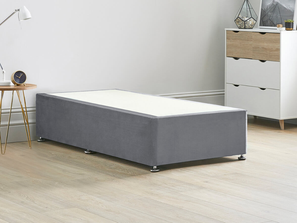 View Platform Top Divan Bed Base 26 Small Single Titanium Grey Solid Sides Ends Chrome Fixed Glide Feet 16 41cm Height Base information