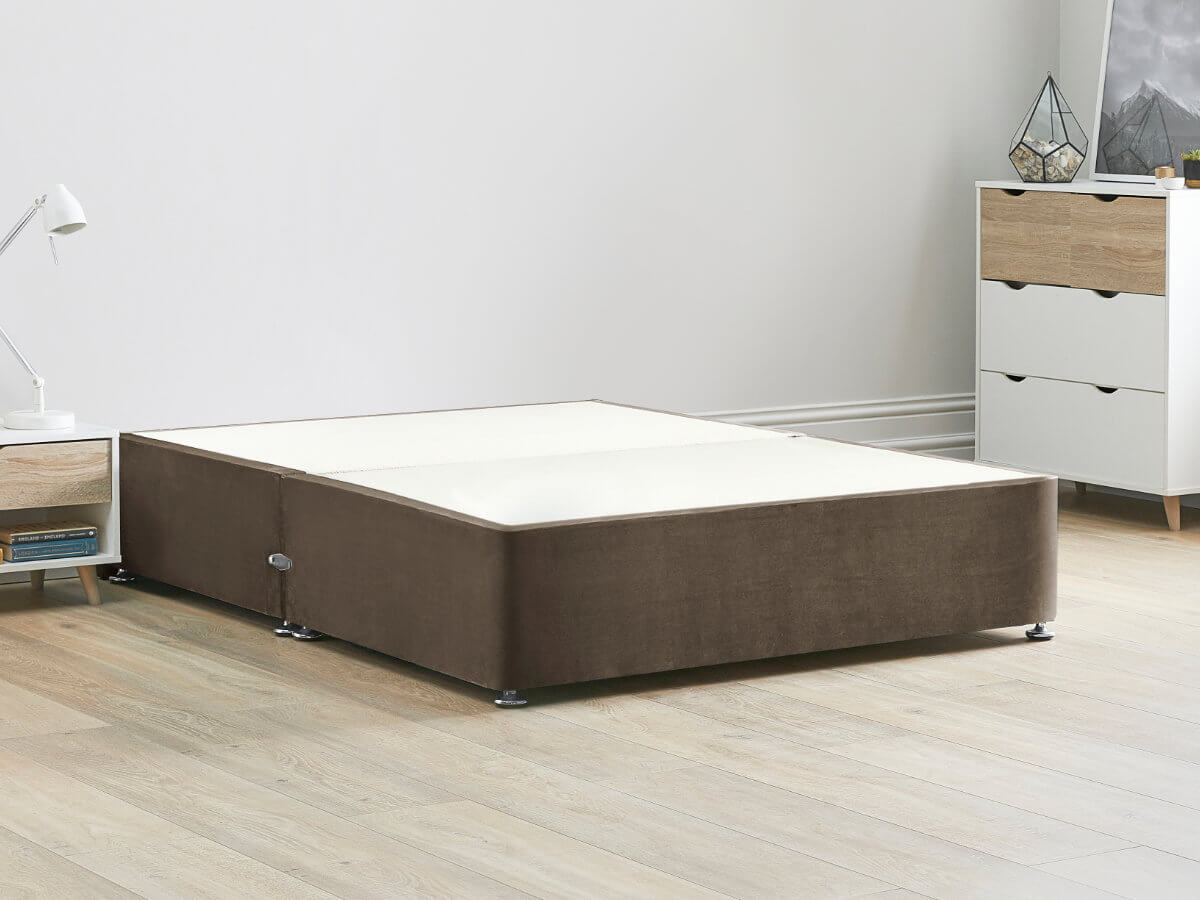 View Platform Top Divan Bed Base 50 King Size Mocha Brown Solid Sides Ends Chrome Fixed Glide Feet 16 41cm Height Base information