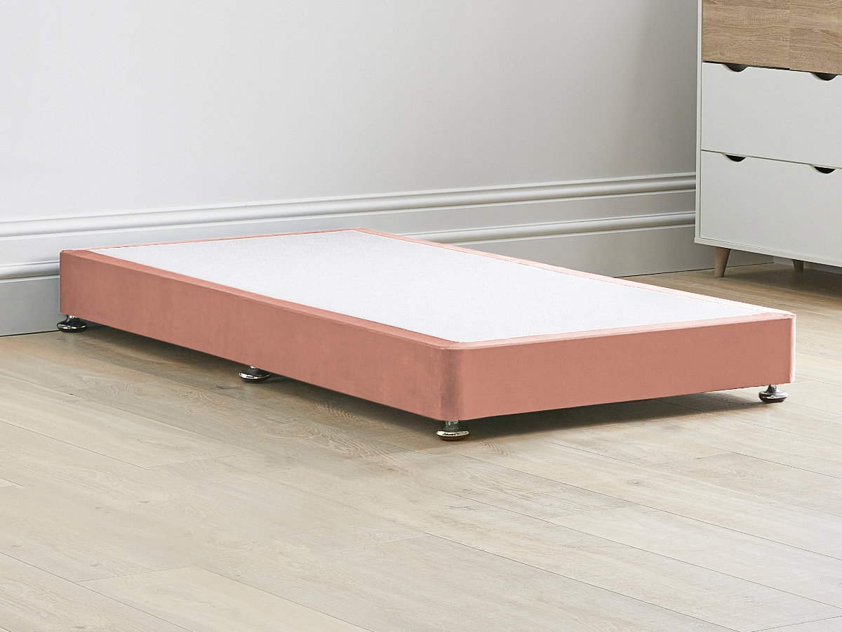 View 8 Low Divan Bed Base 26 Small Single Pink Solid Sides Ends Chrome Fixed Glide Feet 20cm Height Base information