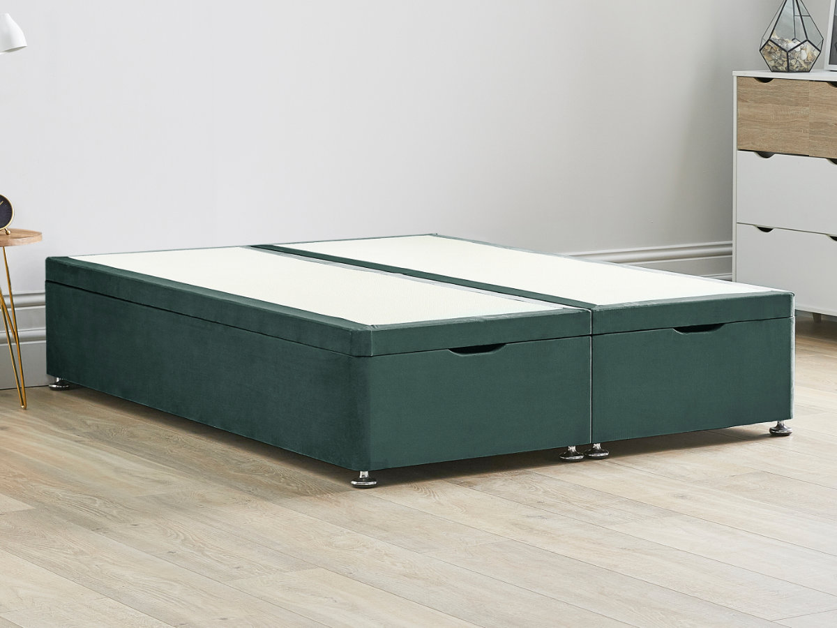 View Duckegg Green Ottoman End Lift Divan Bed Base Single Small Double Double King and Super King Solid Sides Top Base Fixed Chrome Glide Feet information