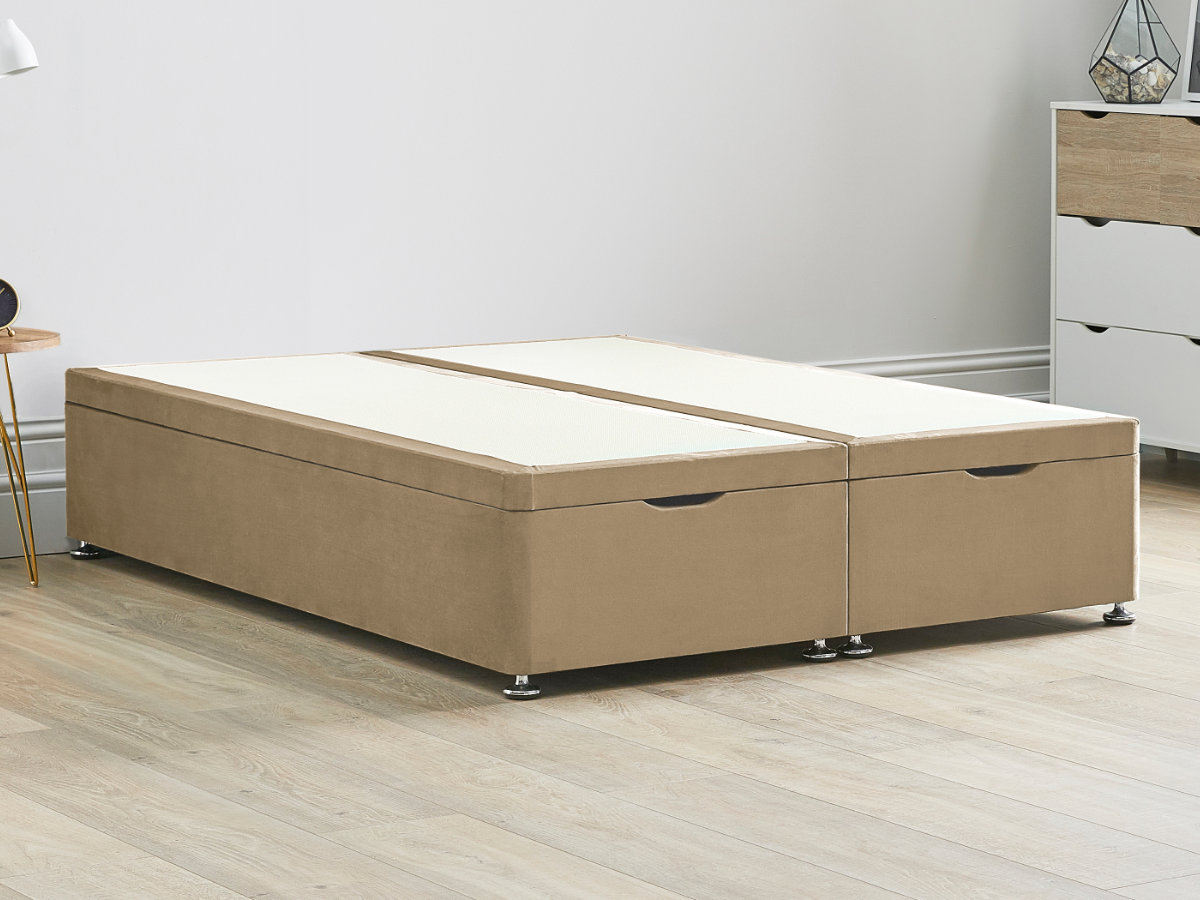 View Ottoman End Lift Divan Bed Base 60 Super King Latte Brown Solid Sides Top Base Fixed Chrome Glide Feet information
