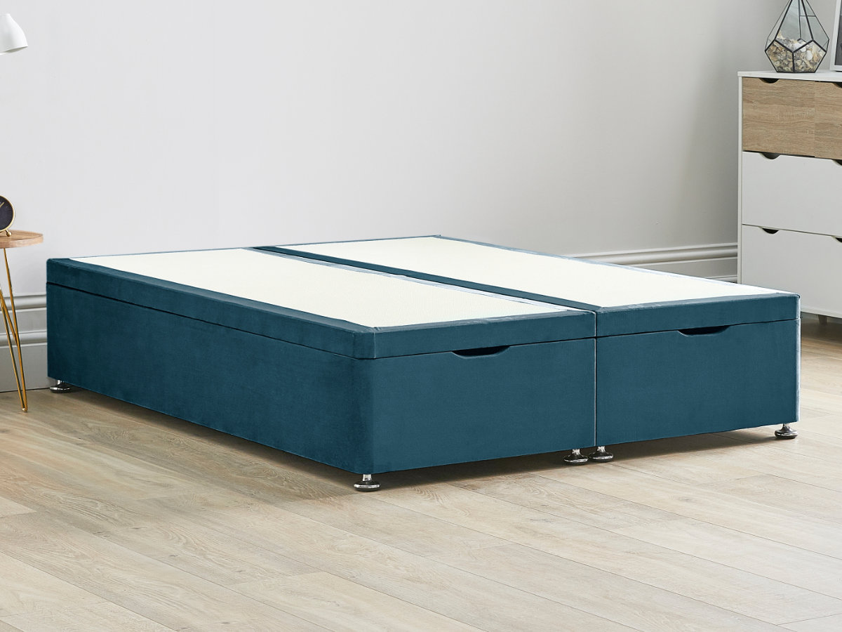 View Marine Blue Ottoman End Lift Divan Bed Base Single Small Double Double King and Super King Solid Sides Top Base Fixed Chrome Glide Feet information