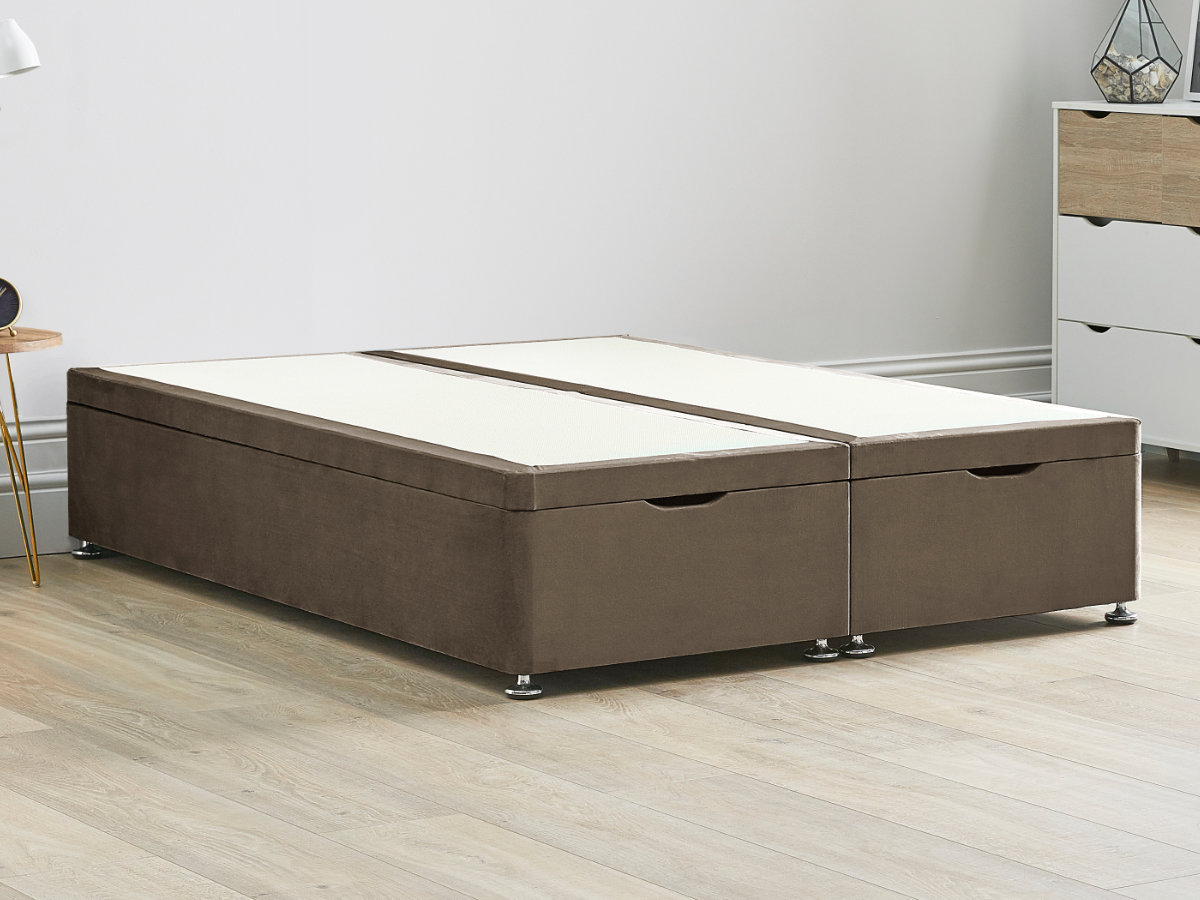 View Mocha Brown Ottoman End Lift Divan Bed Base Single Small Double Double King and Super King Solid Sides Top Base Fixed Chrome Glide Feet information
