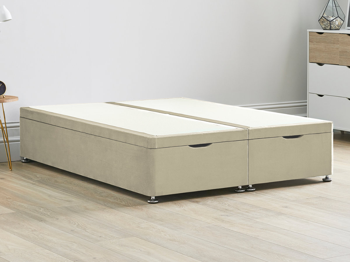 View Oatmeal Cream Ottoman End Lift Divan Bed Base Single Small Double Double King and Super King Solid Sides Top Base Fixed Chrome Glide Feet information
