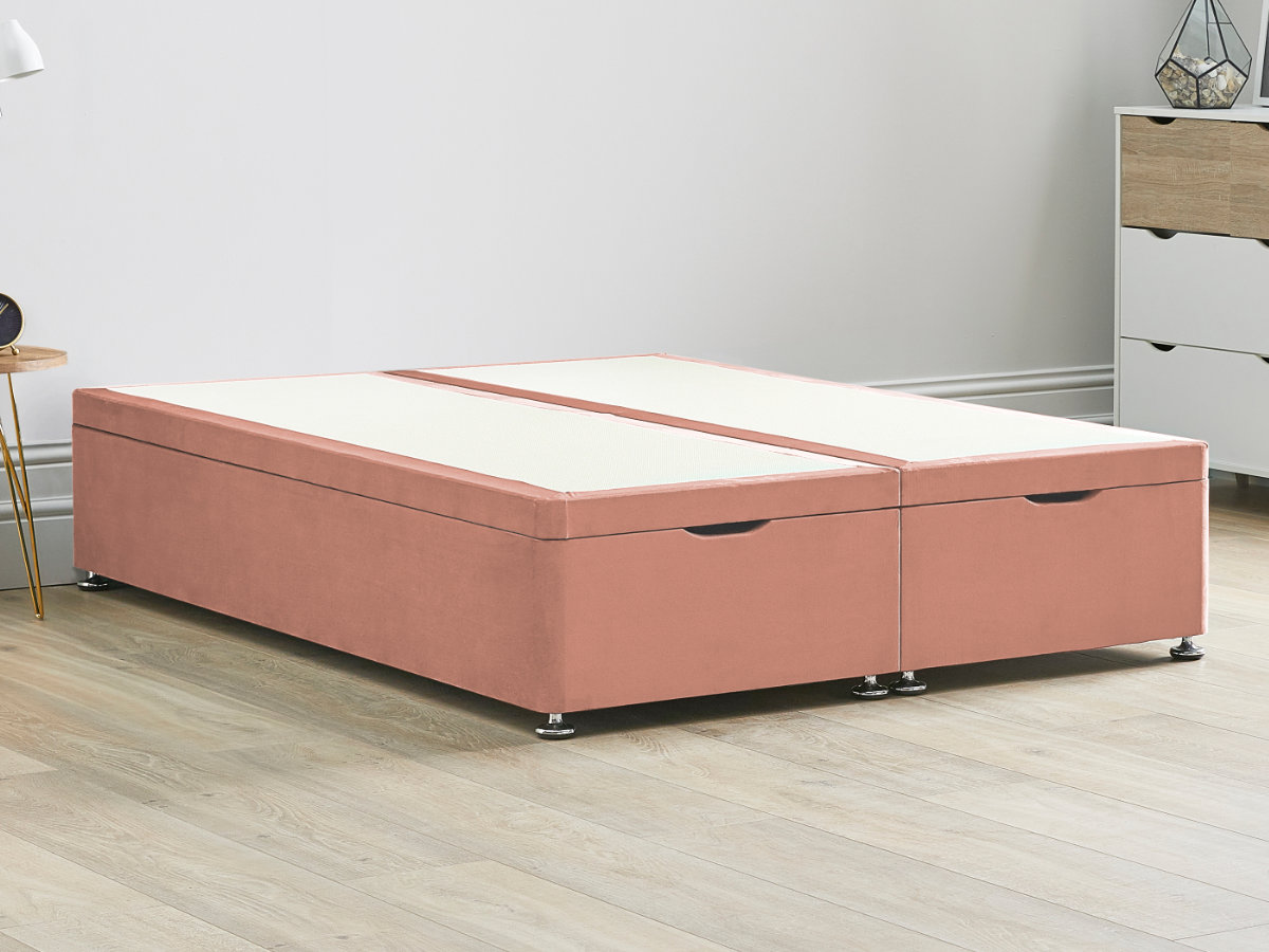 View Salmon Pink Ottoman End Lift Divan Bed Base Single Small Double Double King and Super King Solid Sides Top Base Fixed Chrome Glide Feet information