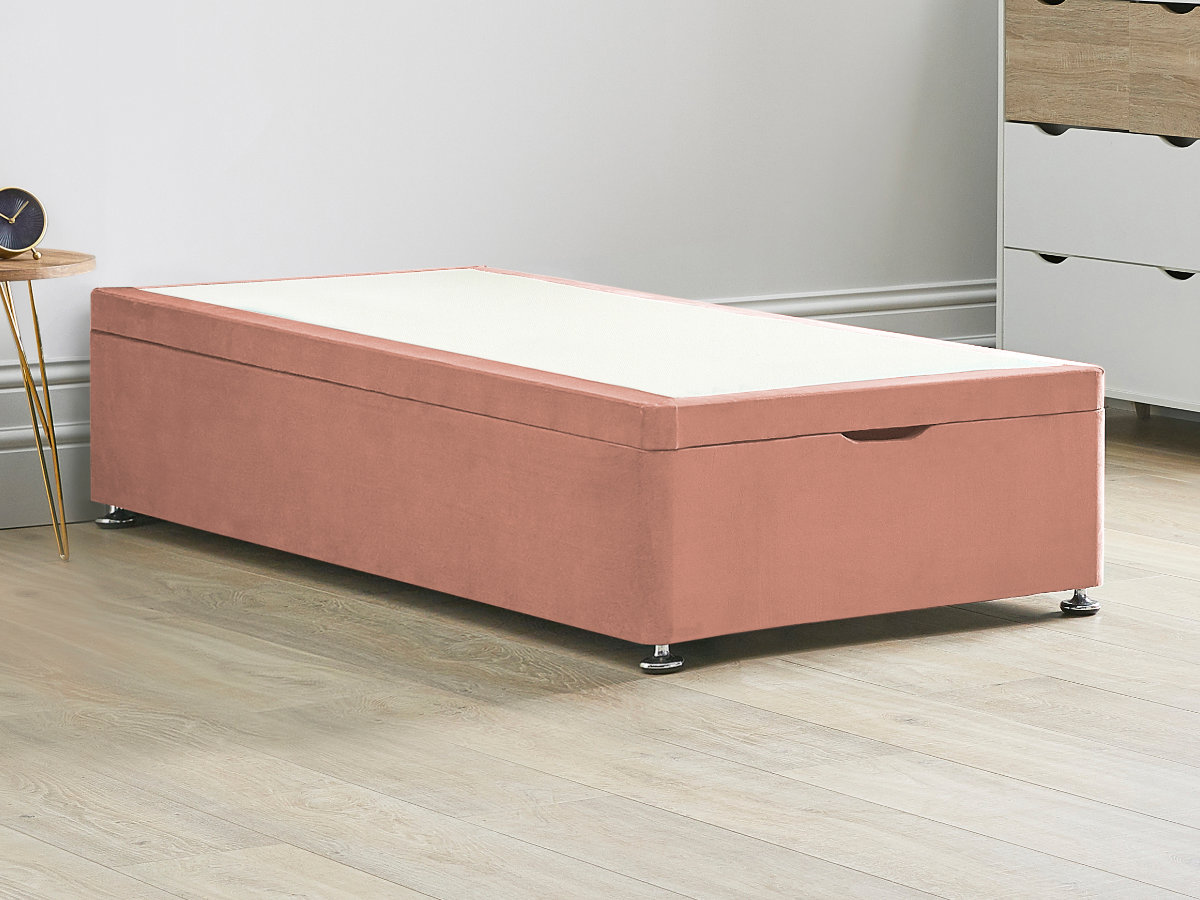 View Ottoman End Lift Divan Bed Base 30 Standard Single Pink Solid Sides Top Base Fixed Chrome Glide Feet information