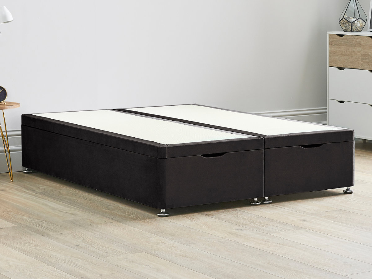 View Raven Charcoal Ottoman End Lift Divan Bed Base Single Small Double Double King and Super King Solid Sides Top Base Fixed Chrome Glide Feet information