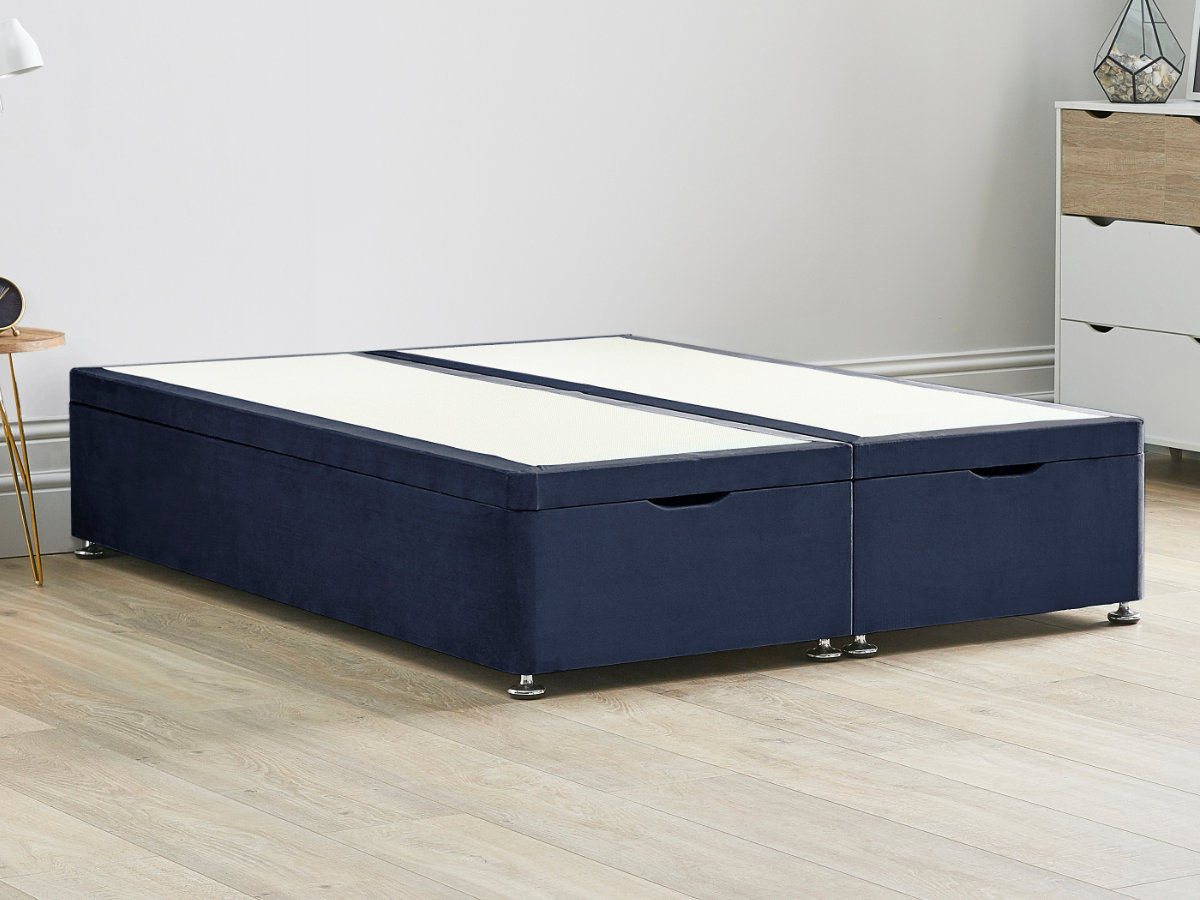 View Sapphire Blue Ottoman End Lift Divan Bed Base Single Small Double Double King and Super King Solid Sides Top Base Fixed Chrome Glide Feet information