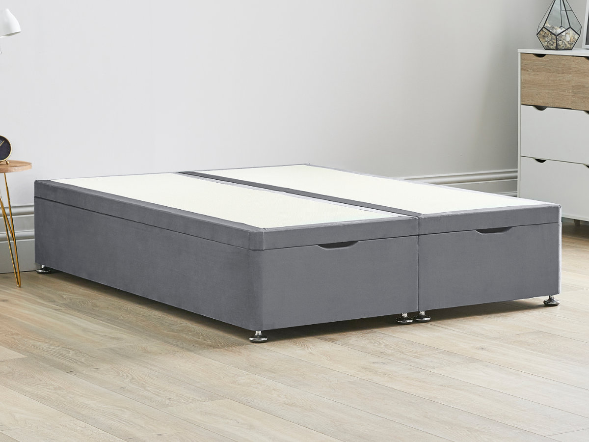 View Titanium Grey Ottoman End Lift Divan Bed Base Single Small Double Double King and Super King Solid Sides Top Base Fixed Chrome Glide Feet information