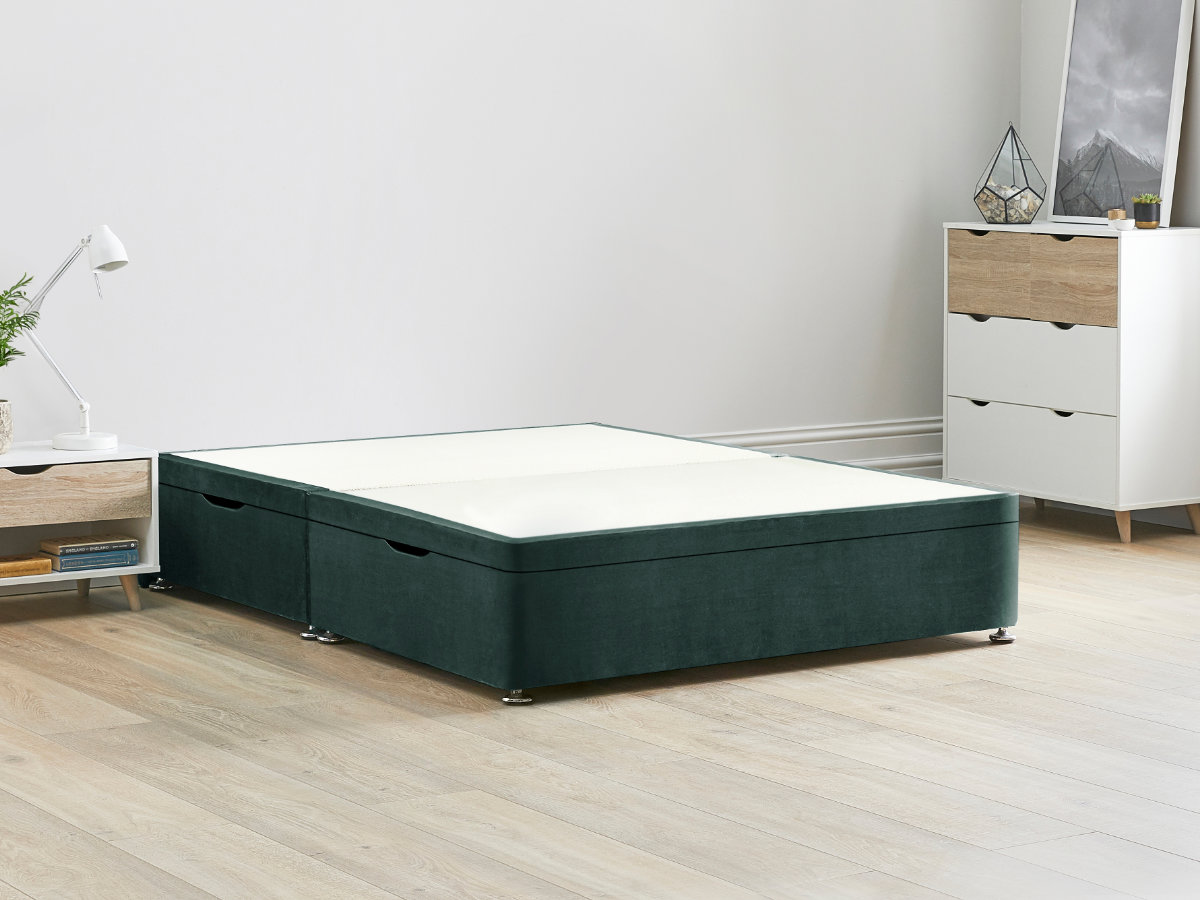 View Green Ottoman Storage Side Lift Divan Bed Base Duckegg 40 Small Double Solid Sides Top Base Fixed Chrome Glide Feet information