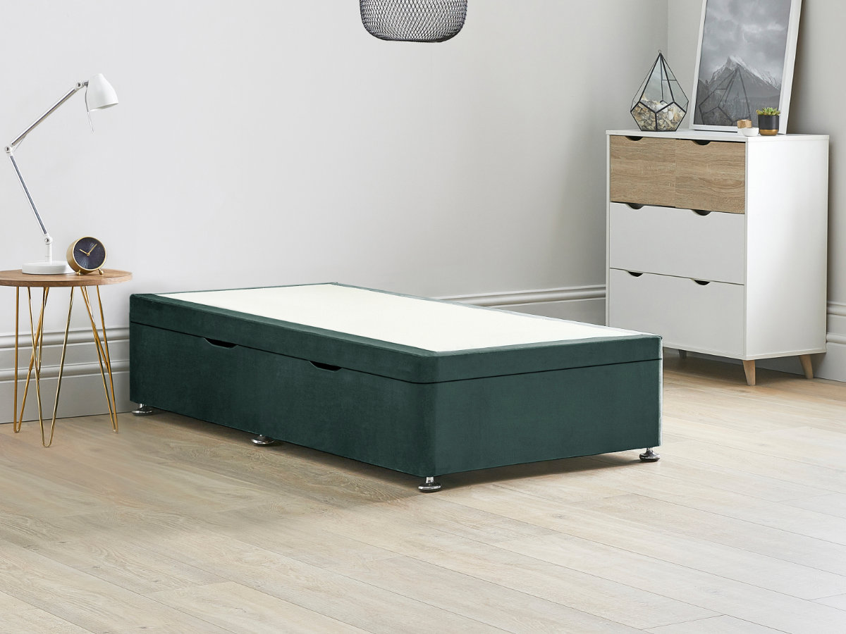 View Green Ottoman Storage Side Lift Divan Bed Base Duckegg 30 Single Solid Sides Top Base Fixed Chrome Glide Feet information