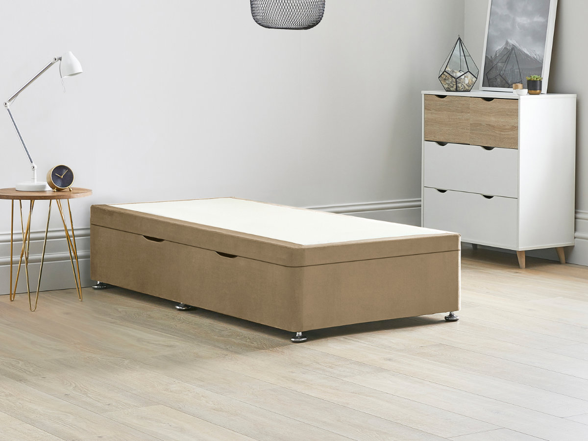 View Brown Ottoman Storage Side Lift Divan Bed Base Latte 30 Single Solid Sides Top Base Fixed Chrome Glide Feet information