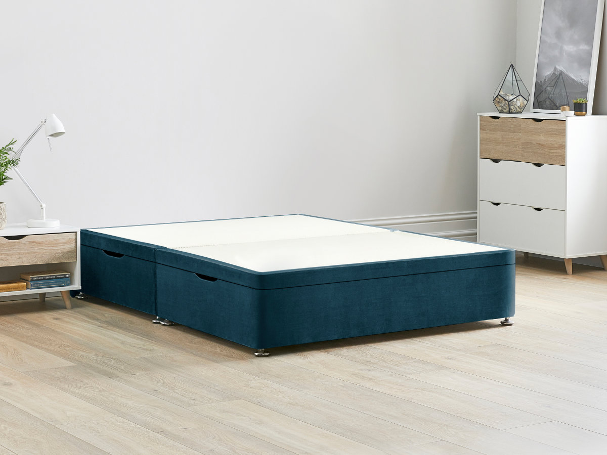 View Blue Ottoman Storage Side Lift Divan Bed Base Marine Top Base Fixed Chrome Glide Feet Single Small Double Double and King Size information