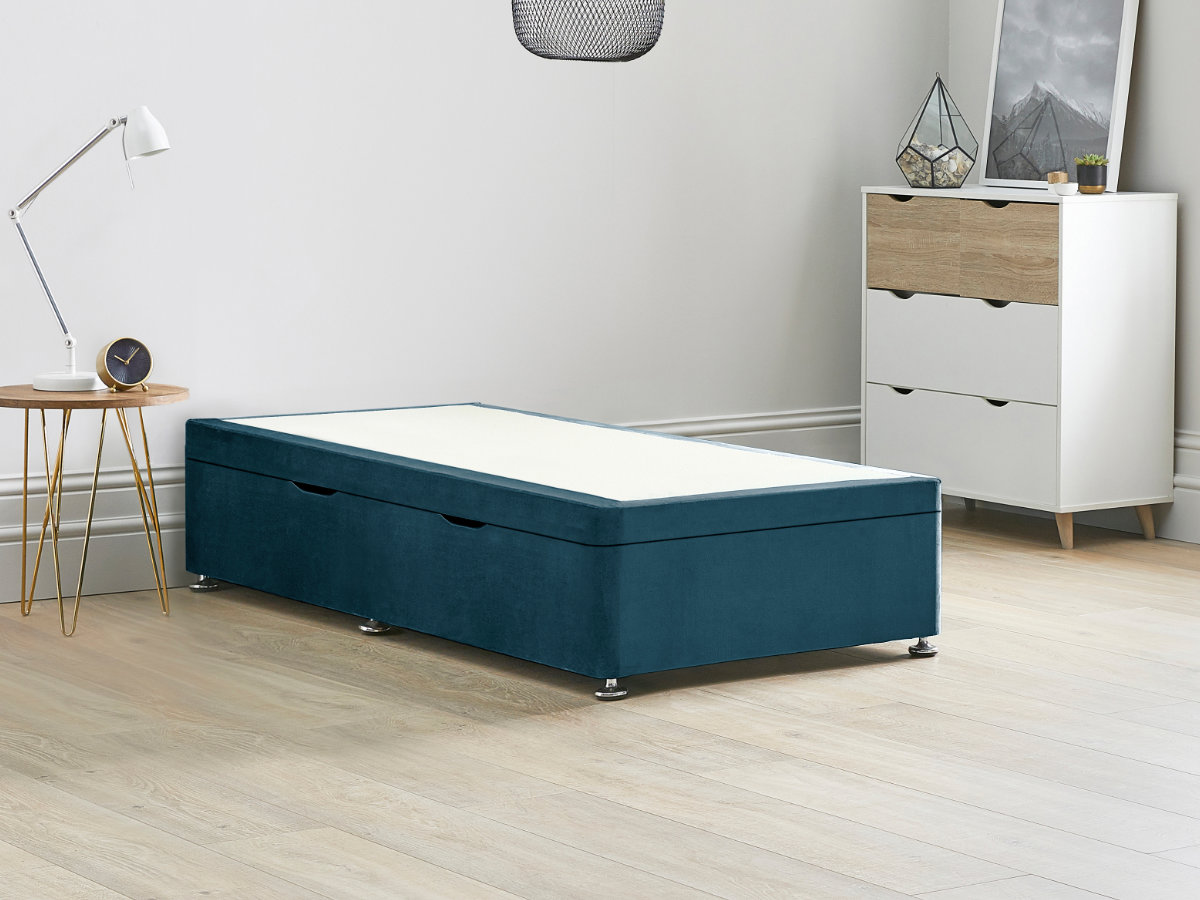 View Blue Ottoman Storage Side Lift Divan Bed Base Marine 30 Single Solid Sides Top Base Fixed Chrome Glide Feet information