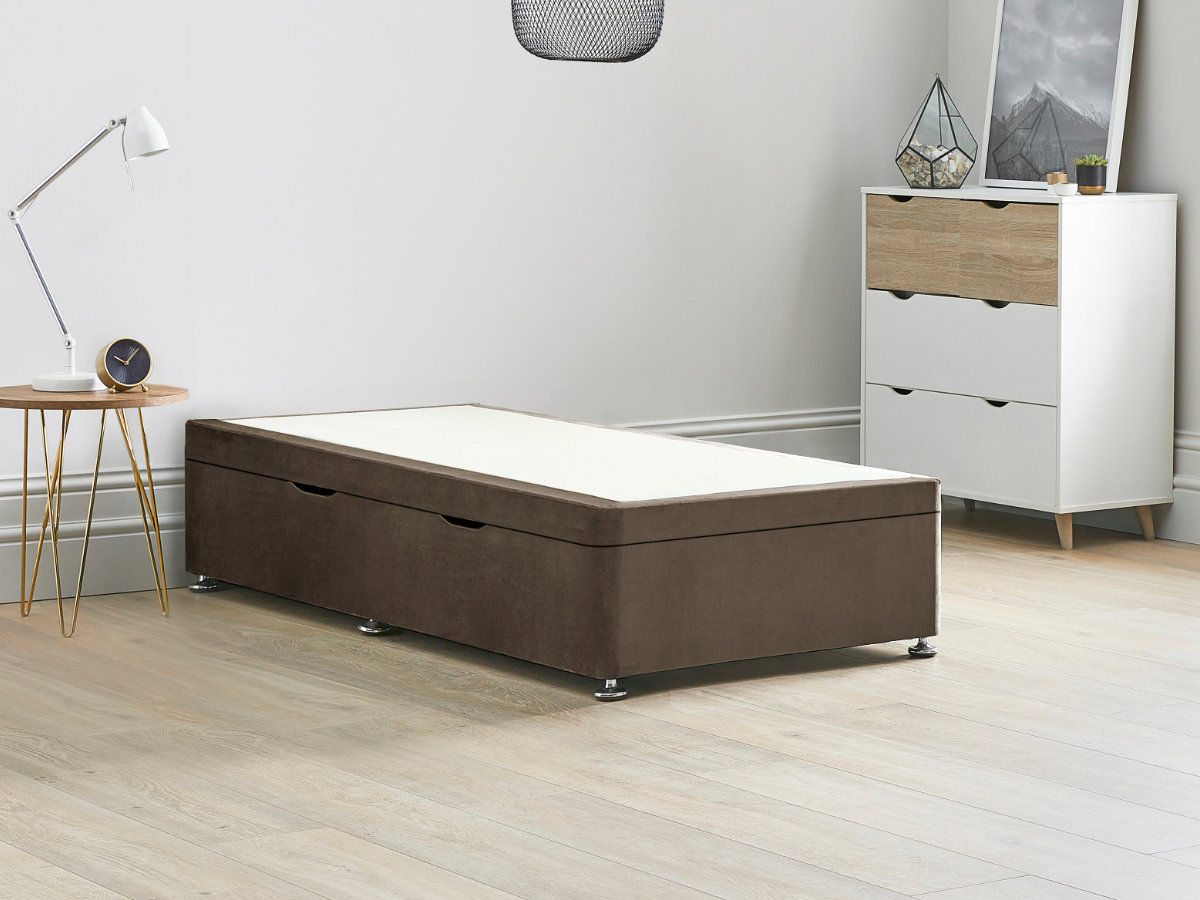 View Brown Ottoman Storage Side Lift Divan Bed Base Mocha 30 Single Solid Sides Top Base Fixed Chrome Glide Feet information
