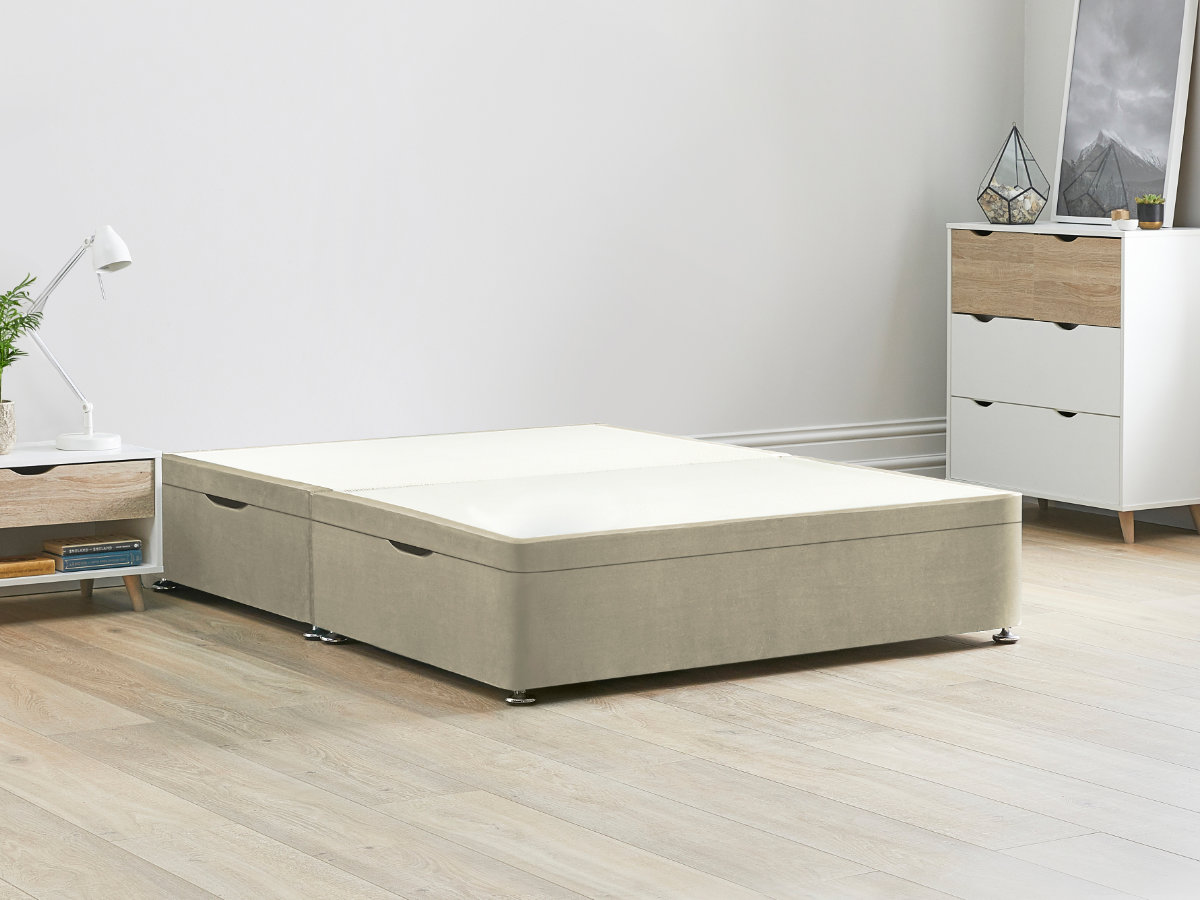 View Cream Ottoman Storage Side Lift Divan Bed Base Oatmeal 50 King Solid Sides Top Base Fixed Chrome Glide Feet information