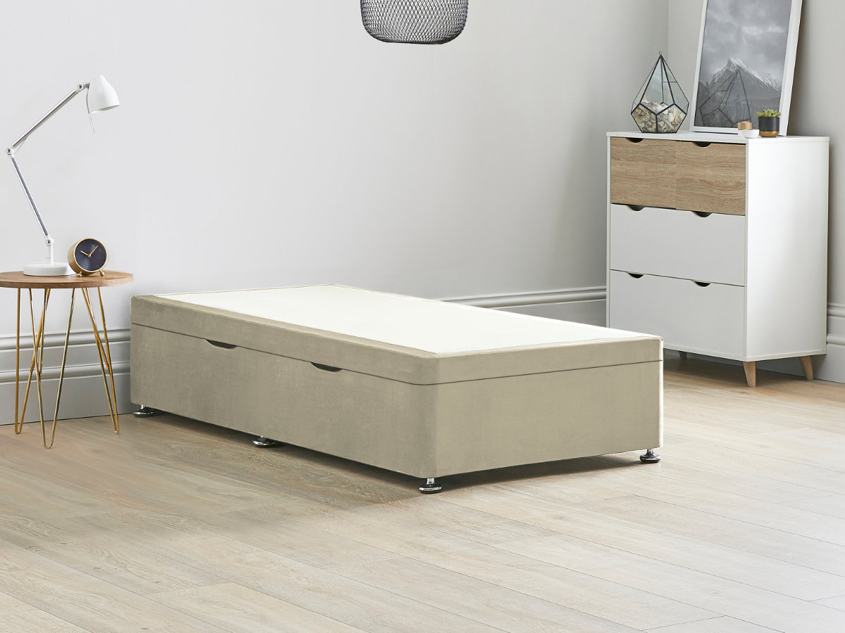 View Cream Ottoman Storage Side Lift Divan Bed Base Oatmeal 30 Single Solid Sides Top Base Fixed Chrome Glide Feet information