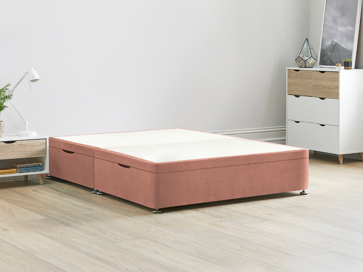 View Pink Ottoman Storage Side Lift Divan Bed Base 50 King Solid Sides Top Base Fixed Chrome Glide Feet information