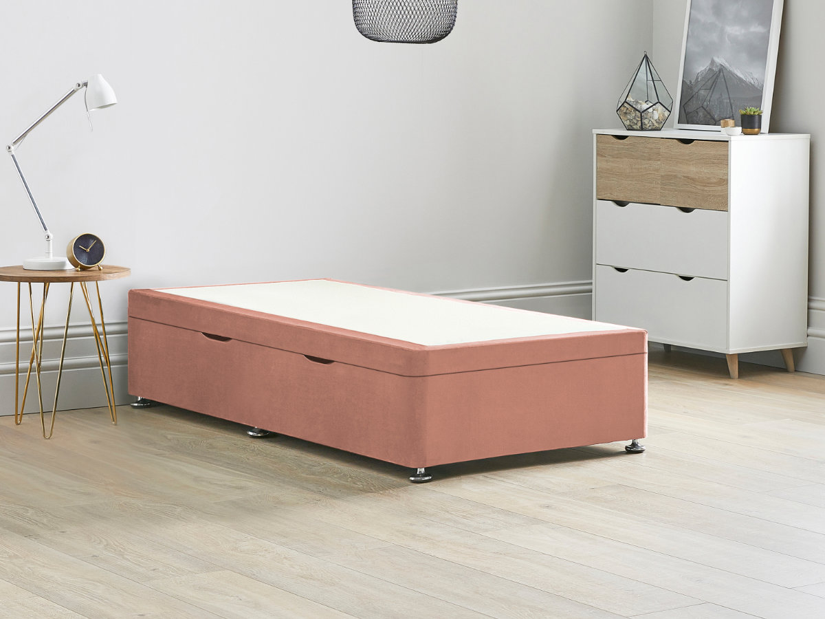 View Pink Ottoman Storage Side Lift Divan Bed Base 30 Single Solid Sides Top Base Fixed Chrome Glide Feet information